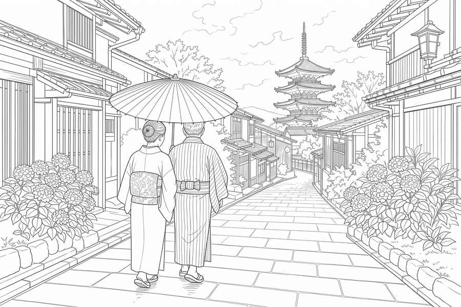 京町家の相合傘_塗り絵