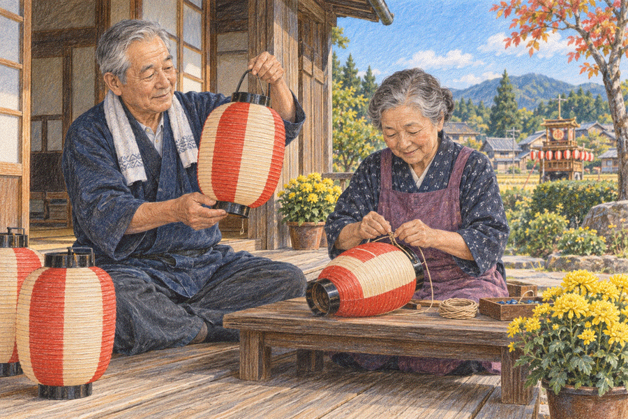 祭りの提灯を整える縁側の見本