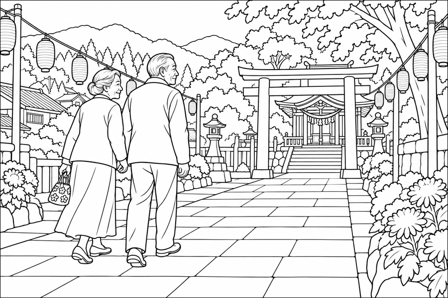 夫婦で歩く秋祭りの参道の塗り絵