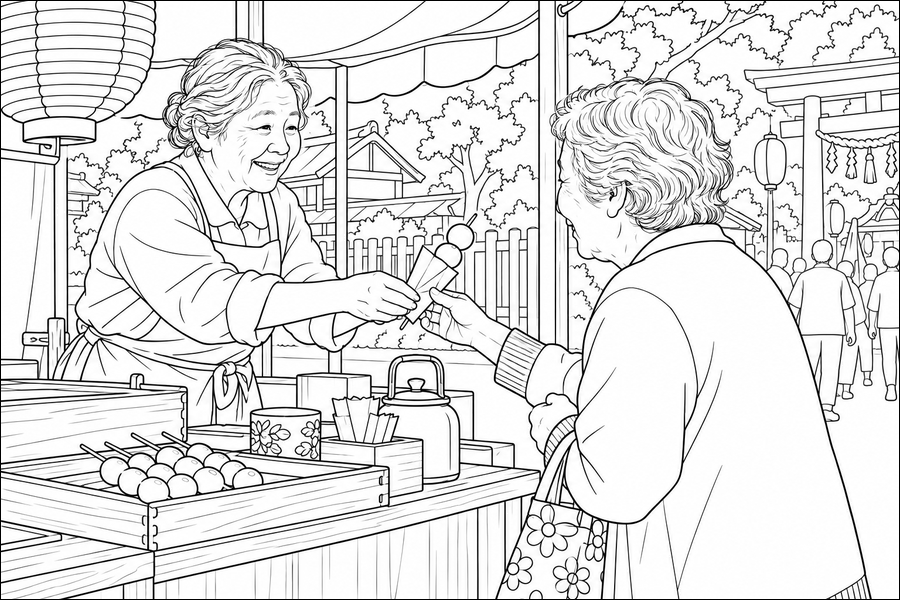 団子の屋台で交わす笑顔の塗り絵